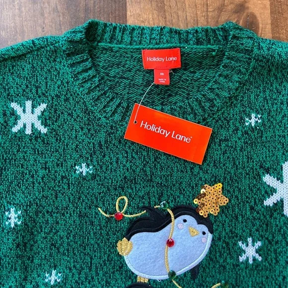NWT Snowman and Penguin Green Holiday Knit Sweater - Picture 2 of 3